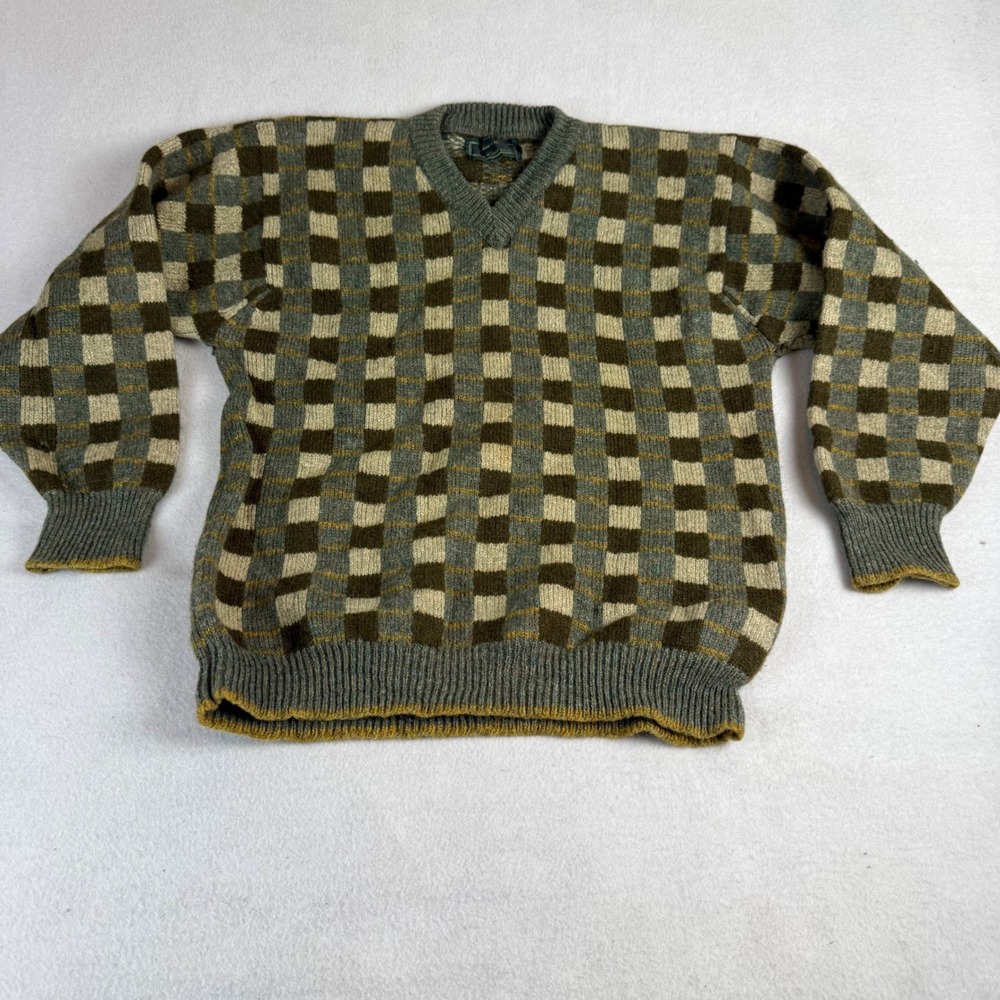 Holland & Holland Men's V-Neck Sweater Checkered Green Brown Great Britain M